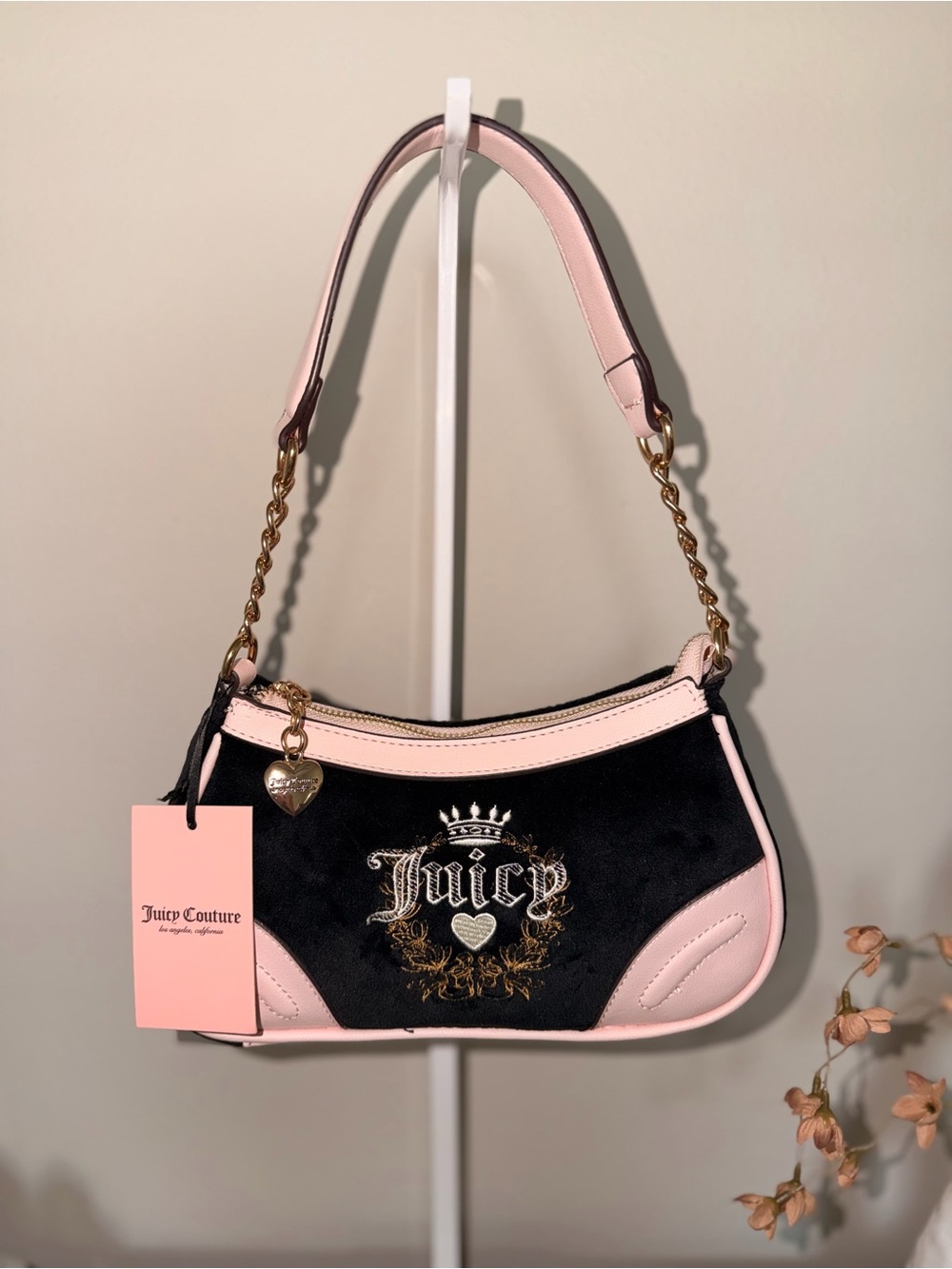 Juicy Couture Black and Pink Velvet Chain-Accent Shoulder Bag